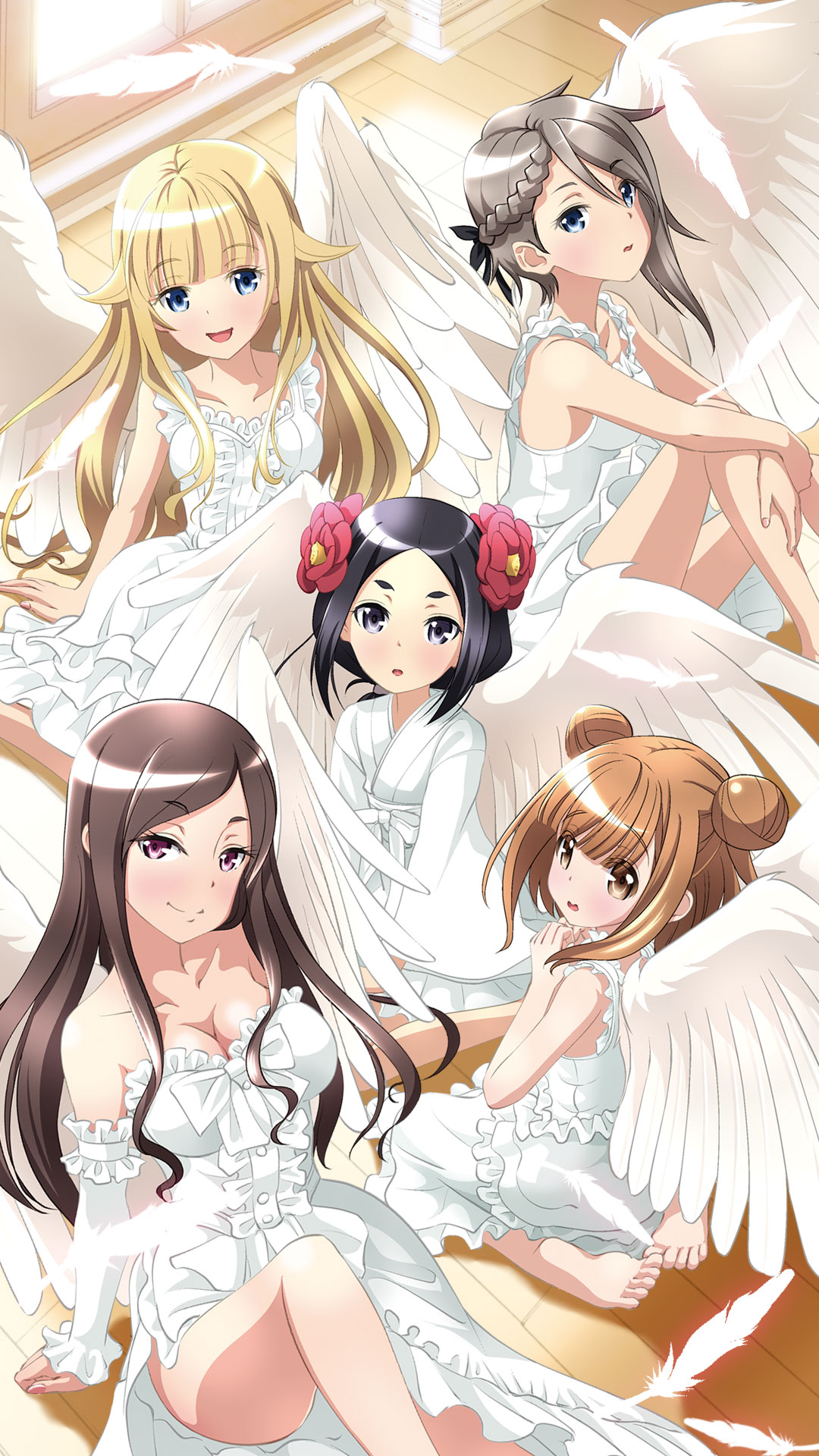 5girls :d ange_(princess_principal) angel_wings asymmetrical_hair barefoot beatrice_(princess_principal) black_eyes black_hair blue_eyes braid breasts brown_eyes cleavage dorothy_(princess_principal) double_bun dress eyebrows feathers highres indoors long_hair multiple_girls open_mouth princess_(princess_principal) princess_principal sitting smile taniguchi_gou toudou_chise violet_eyes wariza white_dress white_wings wings wooden_floor