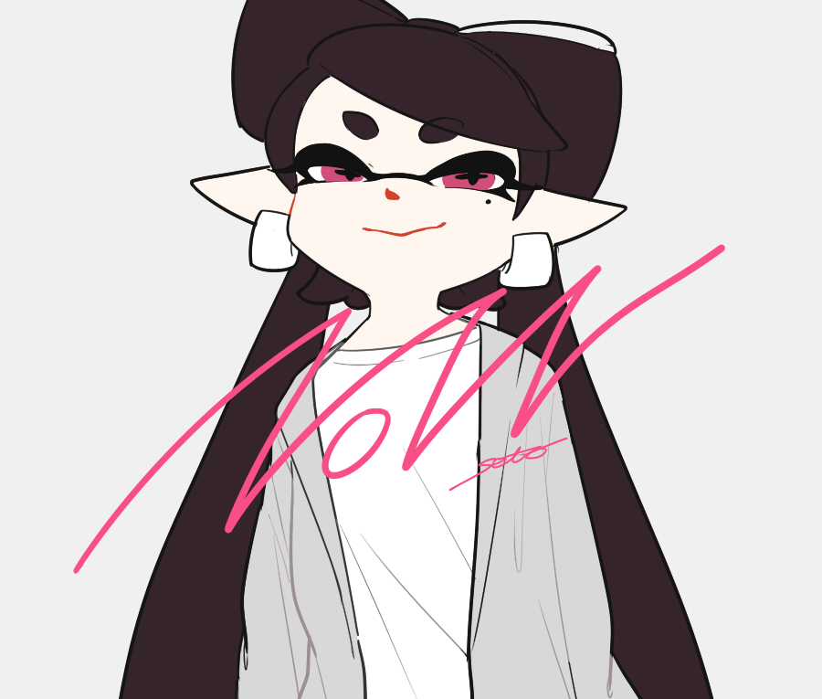 +_+ 1girl aori_(splatoon) artist_name black_hair casual closed_mouth domino_mask english eyebrows_visible_through_hair grey_jacket jacket light_smile long_hair long_sleeves looking_at_viewer mask mole mole_under_eye pointy_ears seto_(asils) shirt signature solo splatoon splatoon_1 standing tentacle_hair upper_body violet_eyes white_background white_shirt
