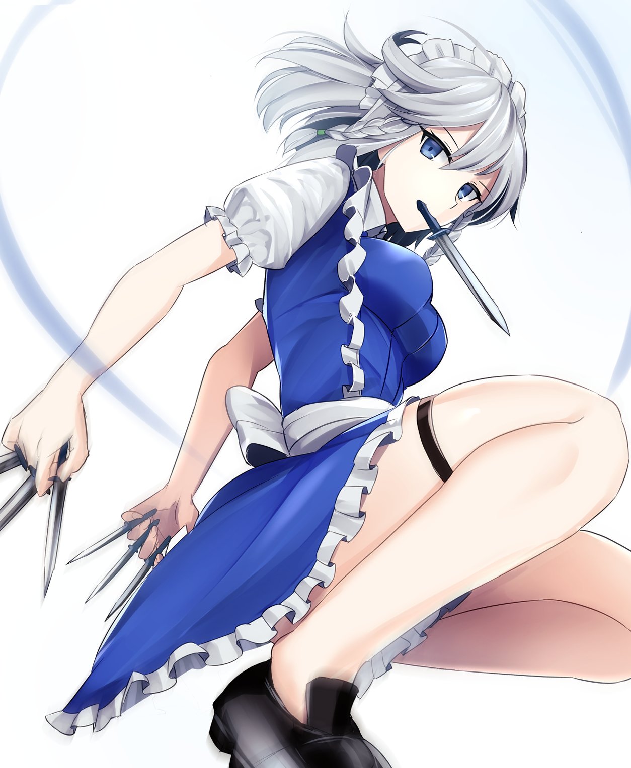 1girl apron blue_dress blue_eyes braid breasts dress from_side highres izayoi_sakuya knife looking_at_viewer looking_to_the_side maid maid_headdress medium_breasts mouth_hold puffy_short_sleeves puffy_sleeves short_sleeves silver_hair sinkai solo squatting touhou twin_braids waist_apron