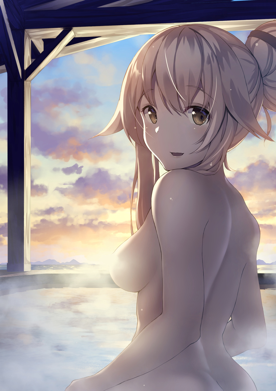 1girl :d breasts convenient_censoring eyebrows_visible_through_hair highres kantai_collection long_hair medium_breasts nude onsen open_mouth pink_hair smile solo steam steam_censor tsukimizu_(ordeal) very_long_hair yellow_eyes yura_(kantai_collection)