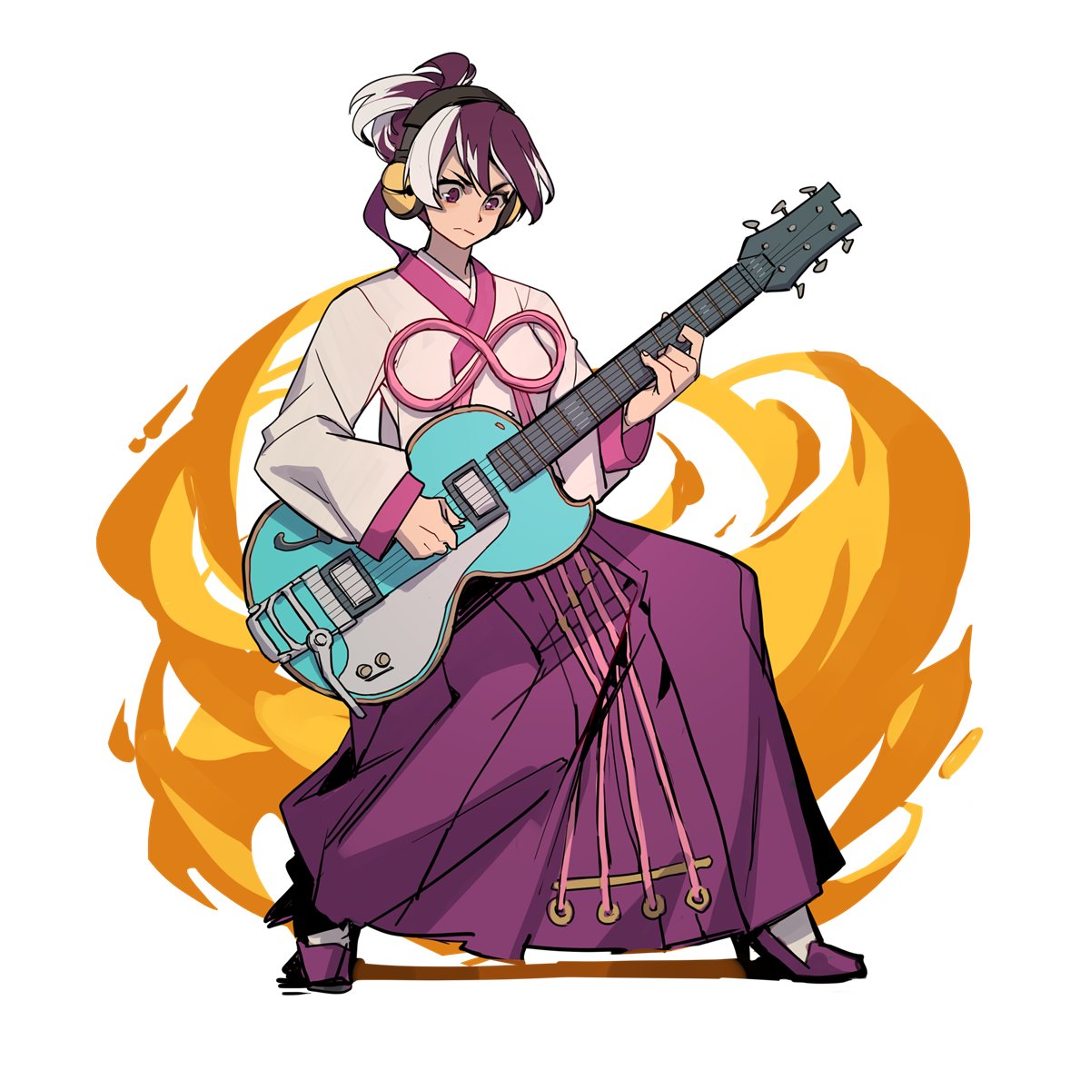 1girl :&lt; electric_guitar full_body guilty_gear guilty_gear_xrd guitar headphones high_heels highres instrument korean_clothes kum_haehyun multicolored_hair music playing_instrument purple_footwear purple_hair serious short_ponytail solo two-tone_hair uncle_rabbit_ii violet_eyes white_hair wireless