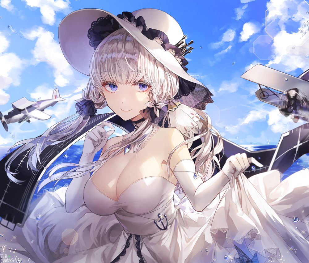 1girl aircraft airplane azur_lane blue_eyes breasts dress elbow_gloves gloves hat illustrious_(azur_lane) kim_eb large_breasts long_hair looking_at_viewer low_twintails mole mole_under_eye skirt_hold solo thigh-highs twintails white_dress white_gloves white_hair white_hat