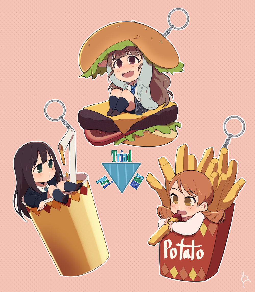 3girls artist_request bangs blunt_bangs brown_eyes brown_hair cardigan drink drinking_straw eating fast_food food french_fries green_eyes hair_bun hamburger holding holding_food houjou_karen idolmaster idolmaster_cinderella_girls kamiya_nao ketchup keychain long_hair multiple_girls open_mouth shibuya_rin triad_primus