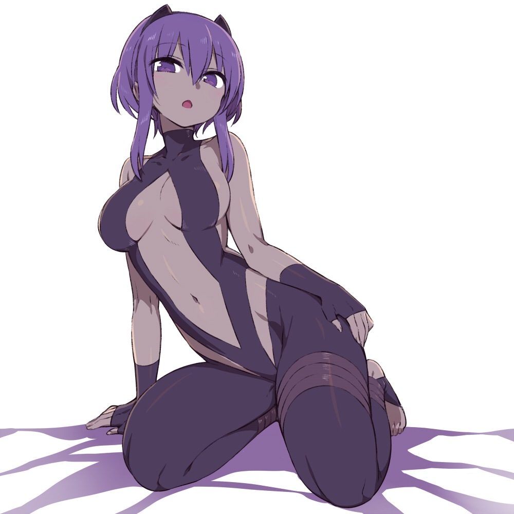 1girl :o assassin_(fate/prototype_fragments) bare_shoulders black_gloves black_leotard breasts breasts_apart chan_co dark_skin eyebrows_visible_through_hair fate/grand_order fate/prototype fate_(series) fingerless_gloves gloves hair_between_eyes hairband leotard long_hair looking_at_viewer medium_breasts navel parted_lips purple_hair simple_background sitting solo stirrup_legwear violet_eyes white_background