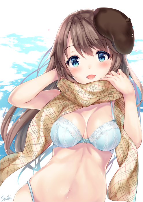1girl :d artist_name bangs beret blue_background blue_eyes blue_panties blush bra breasts brown_hair brown_hat brown_scarf cleavage eyebrows_visible_through_hair hands_up hat lace lace-trimmed_bra long_hair looking_at_viewer medium_breasts navel open_mouth original panties plaid plaid_scarf scarf smile solo stomach suihi swept_bangs tareme two-tone_background underwear underwear_only upper_body