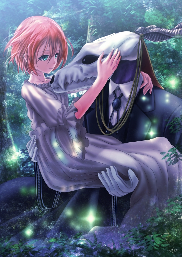 1boy 1girl animal_skull carrying ellias_ainsworth eye_contact fantasy forest formal gloves green_eyes hand_on_another's_cheek hand_on_another's_face hatori_chise horns keane912 looking_at_another mahou_tsukai_no_yome nature nightgown orange_hair outdoors princess_carry short_hair skull smile suit white_gloves