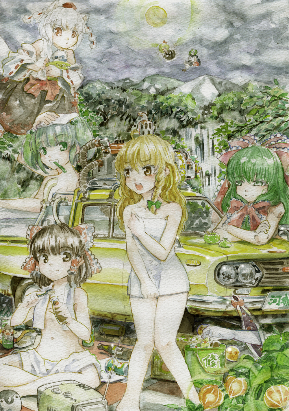 6+girls animal_ears blonde_hair blush bow braid brown_eyes brown_hair car commentary_request dragon_ball_(object) flying gap gloves graphite_(medium) green_bow green_eyes green_hair grin ground_vehicle hair_bobbles hair_bow hair_ornament hair_ribbon hakurei_reimu hat highres holding inubashiri_momiji kagiyama_hina kirisame_marisa kisume leaf long_hair maple_leaf master_(4th) motor_vehicle mountain mouth_hold multiple_girls naked_towel open_mouth pom_pom_(clothes) ribbon rumia short_hair single_braid sitting smile tokin_hat touhou towel traditional_media water watercolor_(medium) waterfall white_gloves wolf_ears wriggle_nightbug yakumo_yukari yellow_eyes