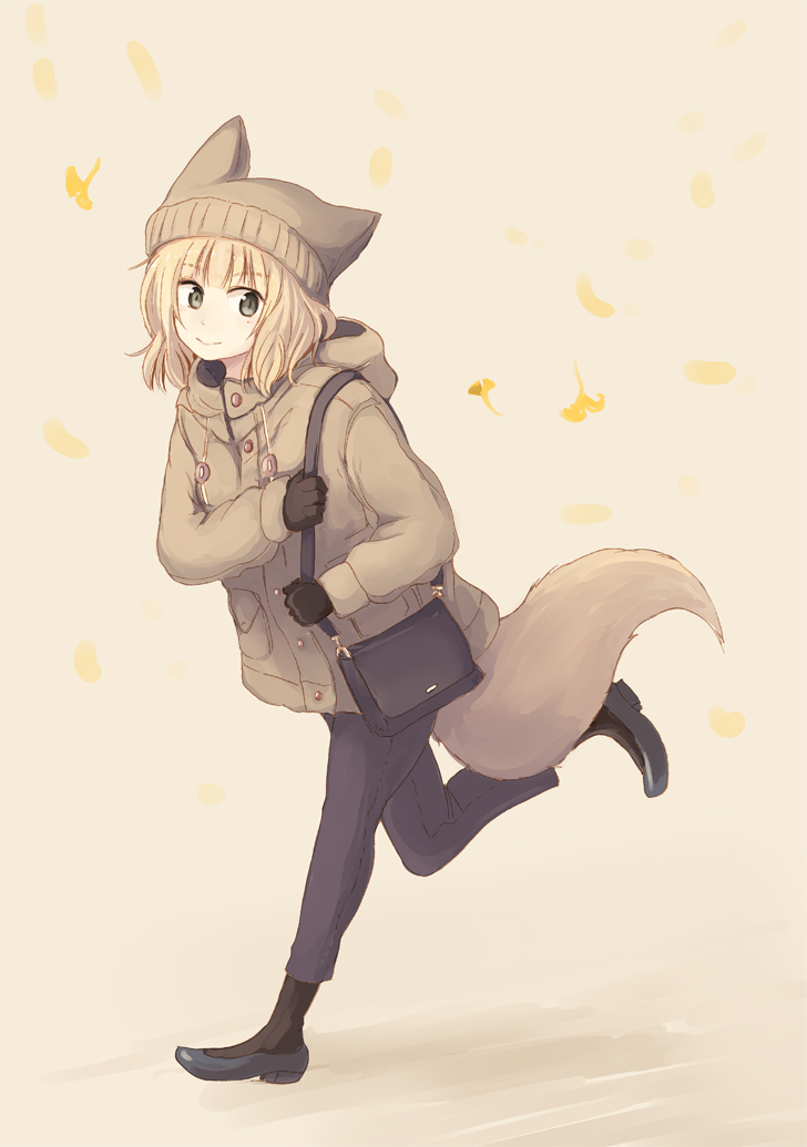 1girl animal_ears bag bangs batta_(kanzume_quality) beanie black_footwear black_gloves black_legwear blonde_hair blue_pants closed_mouth coat eyebrows_visible_through_hair fox_ears fox_tail full_body gloves green_eyes hat hood hood_down long_sleeves looking_at_viewer original pants running shoes shoulder_bag slit_pupils smile socks solo standing standing_on_one_leg tail winter_clothes winter_coat