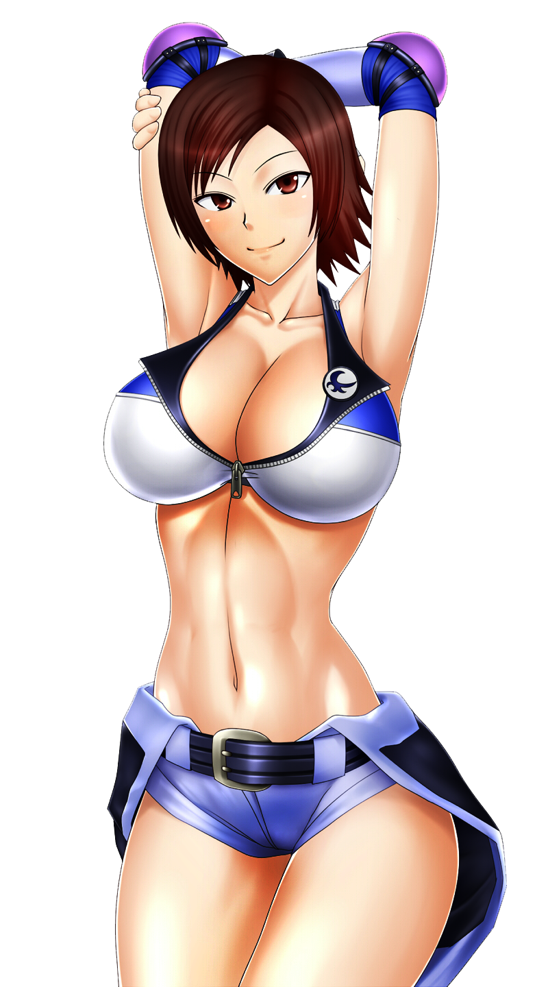 1girl arms_up belt bencdp bikini_top breasts brown_eyes brown_hair highres kazama_asuka large_breasts midriff navel tekken zipper