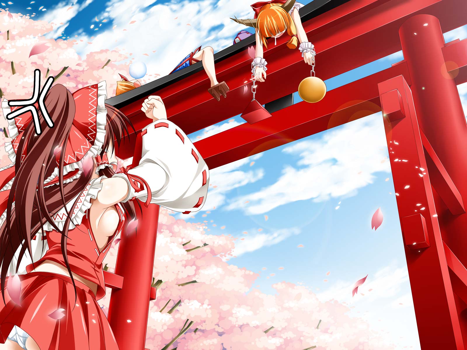 breasts chain cherry_blossoms clenched_hand drooling dutch_angle from_below hakurei_reimu highres horn horns hoshiguma_yugi hoshiguma_yuugi ibuki_suika kamiya_tomoe panties pantyshot petals ponytail raised_fist sideboob sleeping torii touhou underwear wallpaper