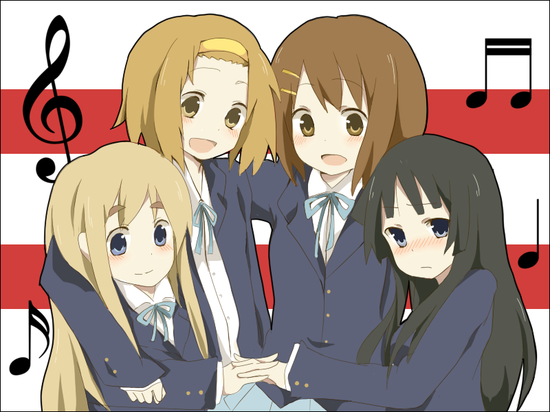 akiyama_mio bad_id black_hair blue_eyes blush brown_eyes brown_hair hairband hirasawa_yui k-on! kotobuki_tsumugi long_hair mono_(recall) multiple_girls musical_note school_uniform short_hair tainaka_ritsu