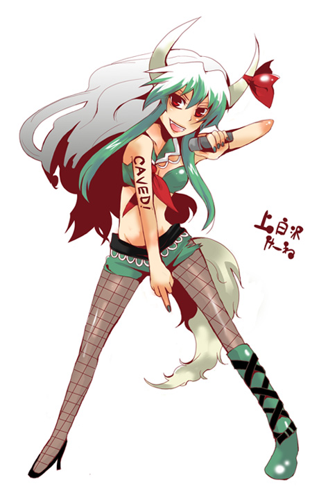 asymmetrical_clothes boots caved ex-keine ex_keine fishnet_pantyhose fishnet_stockings fishnets green_hair high_heels horn_ribbon horns idol kamishirasawa_keine long_hair markings microphone middle_finger midriff mismatched_footwear pantyhose red_eyes ribbon ribbons shoes tail thigh-highs touhou white_hair