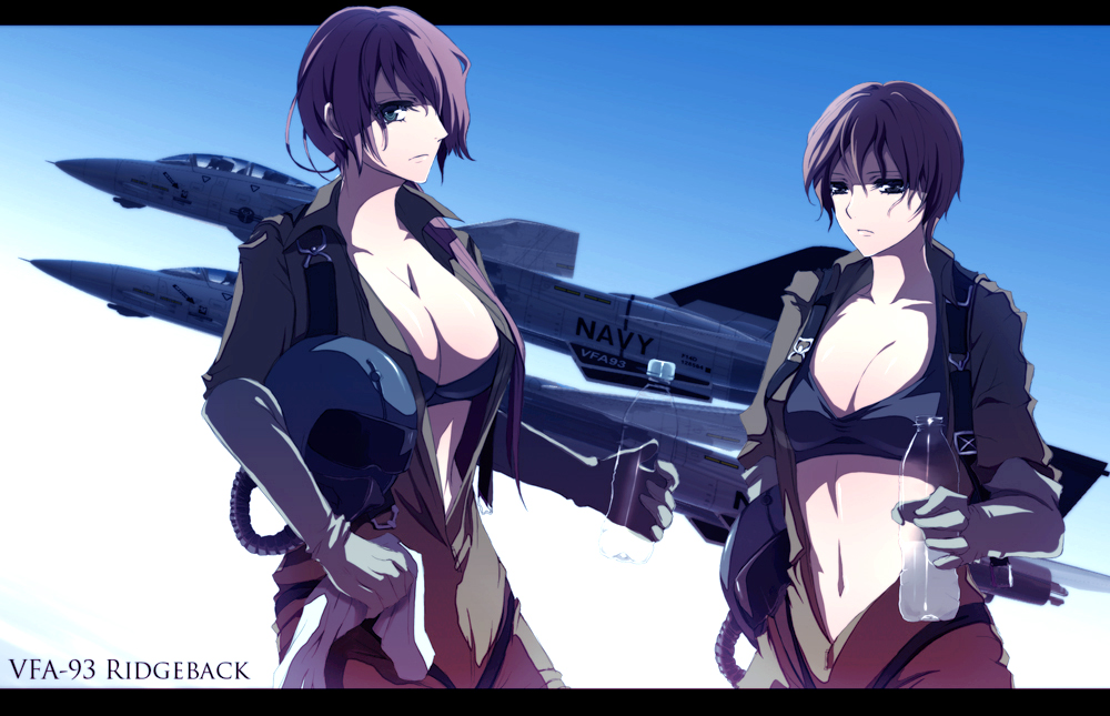 aircraft airplane blue_eyes bottle bra breasts cleavage f-14 jet large_breasts lingerie multiple_girls navel nicole open_clothes open_shirt pilot_suit pink_hair pixiv pixiv-army pixiv_army purple_hair shirt short_hair underwear water_bottle