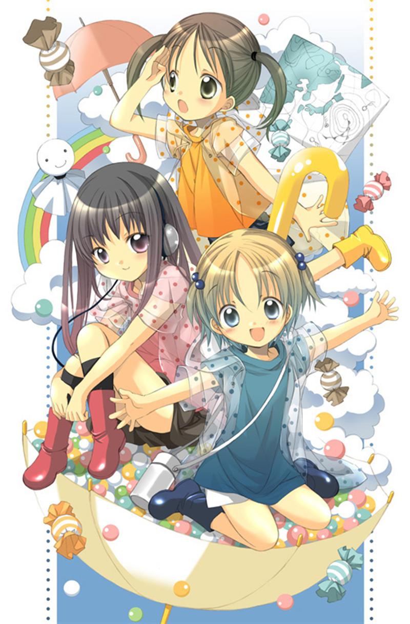 black_hair blonde_hair blue_eyes boots candy canteen child cloud green_eyes hair_bobbles hair_ornament headphones highres izumi_rei long_hair map multiple_girls original polka_dot purple_eyes rainbow raincoat rubber_boots see-through short_hair shorts sky sweets teruterubouzu twintails umbrella umbrella_riding violet_eyes