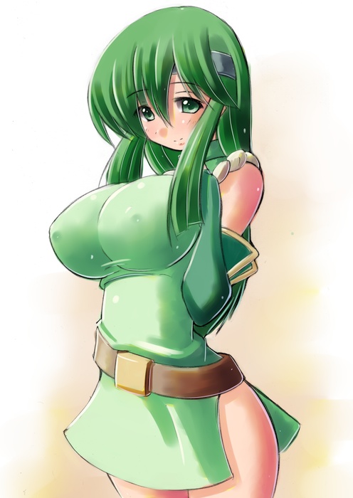 breast_squeeze breasts elbow_gloves erect_nipples fingerless_gloves fire_emblem fire_emblem_gaiden fire_emblem_mystery_of_the_emblem fire_emblem_shadow_dragon gloves green_eyes green_hair hairband impossible_clothes impossible_shirt kourourin large_breasts long_hair palla pegasus_knight shirt