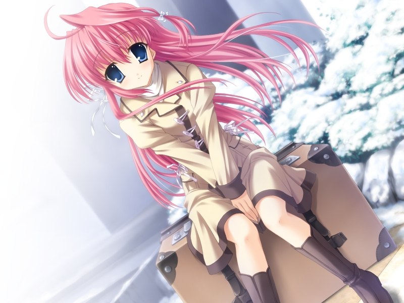 boots dutch_angle fukamine_riko game_cg gift_(game) gift_eternal_rainbow long_hair pink_hair snow suitcase winter_clothes