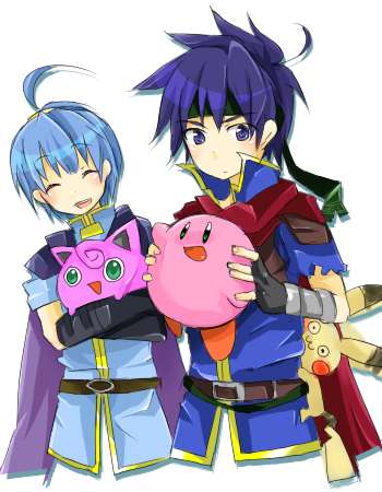 blue_eyes blue_hair cape closed_eyes fire_emblem fire_emblem:_souen_no_kiseki fire_emblem_path_of_radiance gloves green_eyes hairband headband ike jigglypuff kirby kirby_(series) lowres marth nintendo open_mouth pikachu pokemon smile super_smash_bros. tail