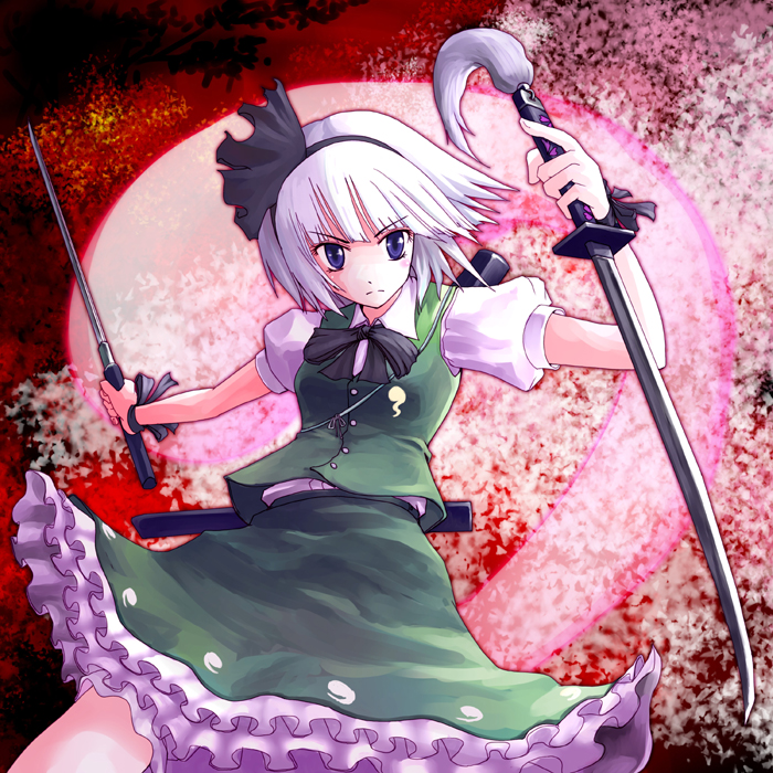 dual_wield dual_wielding ghost hairband hitodama inte katana konpaku_youmu konpaku_youmu_(ghost) myon short_hair silver_hair solo sword touhou weapon