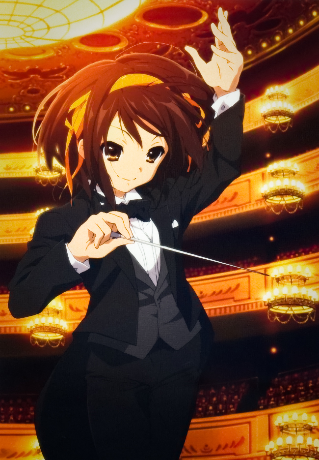 baton baton_(instrument) blazer brown_hair conductor formal hairband hands pant_suit short_hair suit suzumiya_haruhi suzumiya_haruhi_no_yuuutsu tailcoat tuxedo