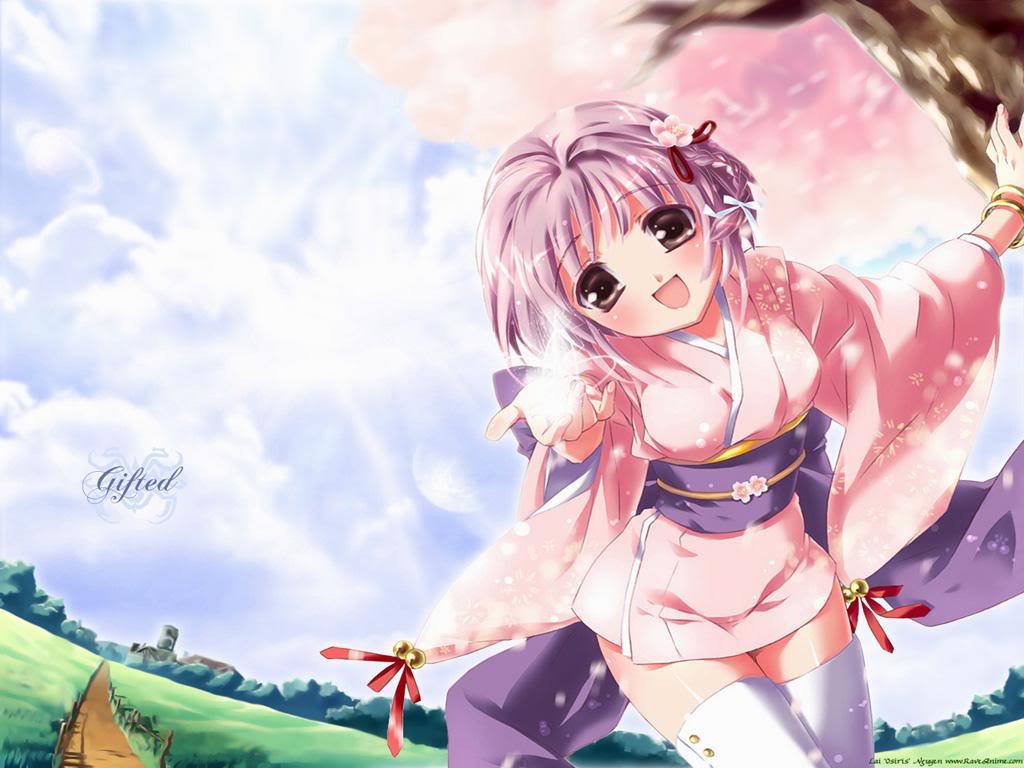 blush bracelet brown_eyes cherry_blossoms hair_pin kimono open_mouth purple_hair short_hair smile thigh-highs