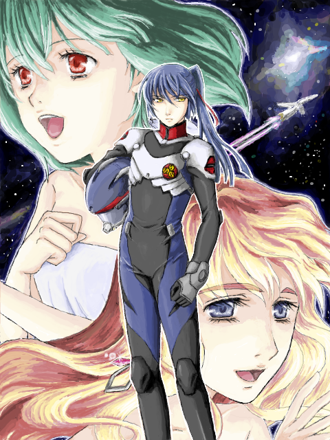 macross macross_frontier mecha pilot_suit ranka_lee saotome_alto sheryl_nome spacesuit vf-25