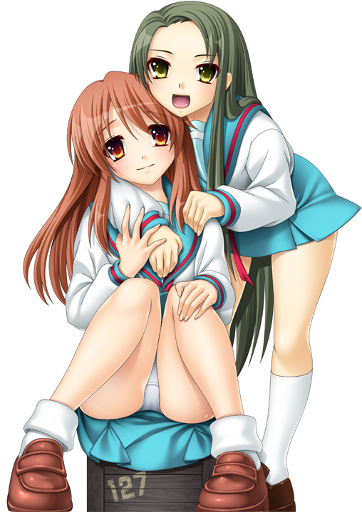 440 ankle_socks asahina_mikuru brown_eyes green_hair long_hair multiple_girls panchira_sit panties pantyshot pantyshot_sitting school_uniform short_socks sitting socks suzumiya_haruhi_no_yuuutsu tsuruya underwear upskirt very_long_hair white_socks yellow_eyes