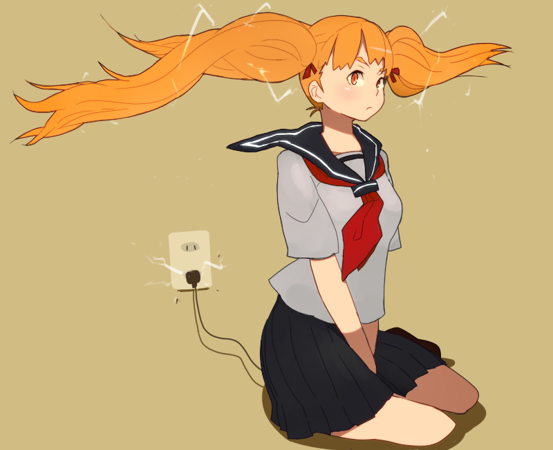 electric_plug electric_socket nanora orange_eyes orange_hair original school_uniform sitting twintails