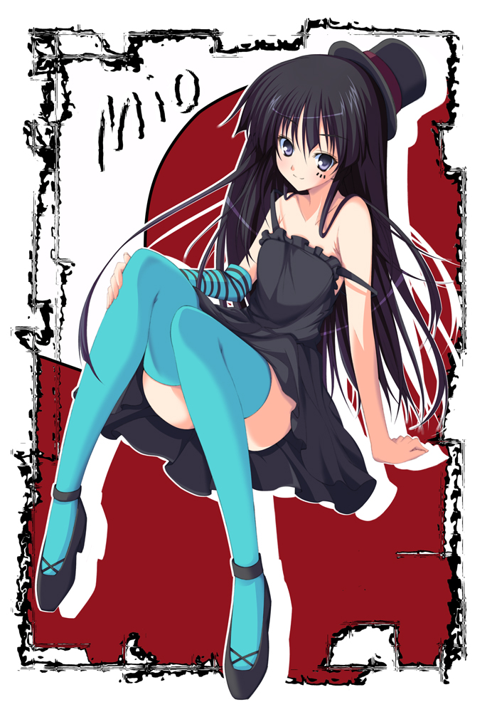 1girl akiyama_mio bare_shoulders black_hair blue_eyes don't_say_"lazy" don't_say_lazy dress elbow_gloves flat_chest gloves hat hayakawa_harui k-on! legs long_hair mini_top_hat solo thigh-highs thighhighs top_hat