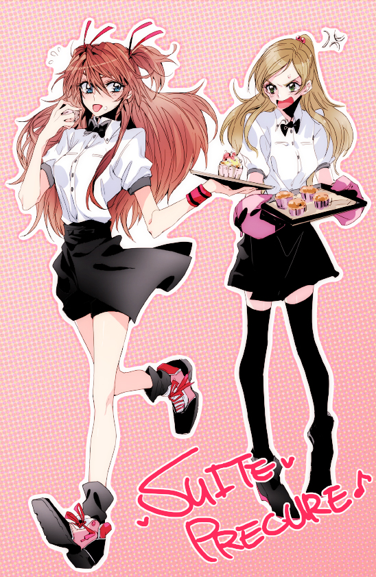 2girls alternate_costume anger_vein black_skirt blue_eyes brown_hair copyright_name cupcake eating gloves green_eyes houjou_hibiki minamino_kanade multiple_girls orange_hair pink_background precure running shirt skirt suite_precure thigh-highs tima tongue tray white_shirt zettai_ryouiki