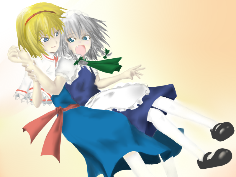 2girls alice_margatroid angry blonde_hair blue_eyes hairband izayoi_sakuya maid multiple_girls ribbon ribbons sen'yuu_yuuji short_hair touhou