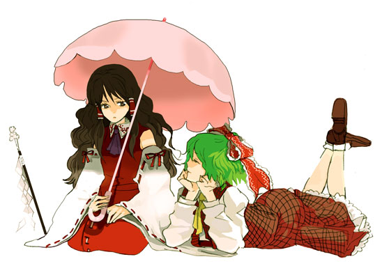 alternate_hairstyle ascot bow brown_hair detached_sleeves gohei green_hair hair_bow hair_down hakurei_reimu hanamiboshi kazami_yuuka long_hair lying maani multiple_girls on_stomach parasol plaid plaid_skirt plaid_vest red_eyes ribbon shade short_hair skirt skirt_set touhou umbrella