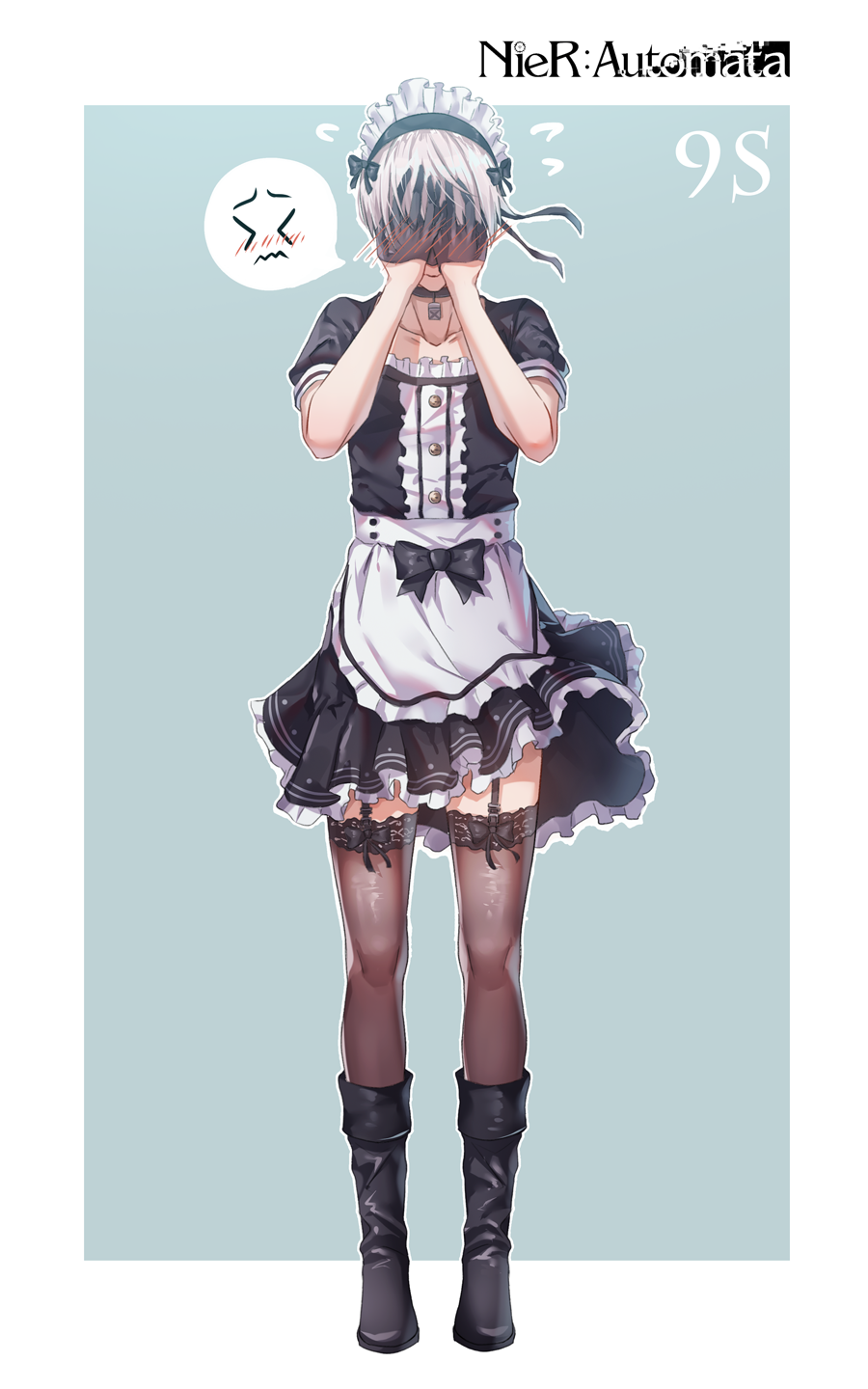 &gt;_&lt; 1boy alternate_costume apron black_bow black_collar black_footwear black_gloves black_hairband black_ribbon blush boots bow brown_legwear buttons center_frills character_name collarbone copyright_name covering_face crossdressinging dress embarrassed enmaided facing_viewer flying_sweatdrops frilled_dress frills full-face_blush full_body garter_straps gloves green_background hair_ribbon hairband half_gloves highres knee_boots legs_apart maid maid_headdress male_focus nier_(series) nier_automata ribbon shiny shiny_hair short_sleeves silver_hair simple_background solo spoken_blush spoken_face standing thigh-highs tight_(ohmygod) waist_apron wavy_mouth white_apron wind wind_lift yorha_no._9_type_s