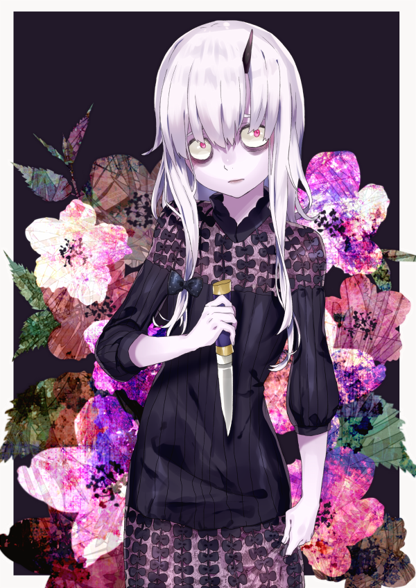 1girl albino arm_at_side bags_under_eyes bangs black_background black_bow black_dress border bow closed_mouth constricted_pupils cowboy_shot dagger dress eyebrows fate/grand_order fate_(series) flat_chest floral_background flower hair_between_eyes hair_bow holding holding_dagger holding_weapon horn lavinia_whateley_(fate/grand_order) leaf long_hair long_sleeves looking_away looking_to_the_side nose oriharaizaya819 pink_eyes polka_dot polka_dot_bow ribbed_dress solo standing straight_hair weapon white_hair white_skin wide-eyed