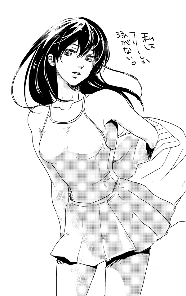 1girl black_hair collarbone free! genderswap genderswap_(mtf) hair_between_eyes jacket long_hair miniskirt monochrome nanase_haruka_(free!) one-piece_swimsuit parted_lips pleated_skirt school_swimsuit skirt solo swimsuit undressing