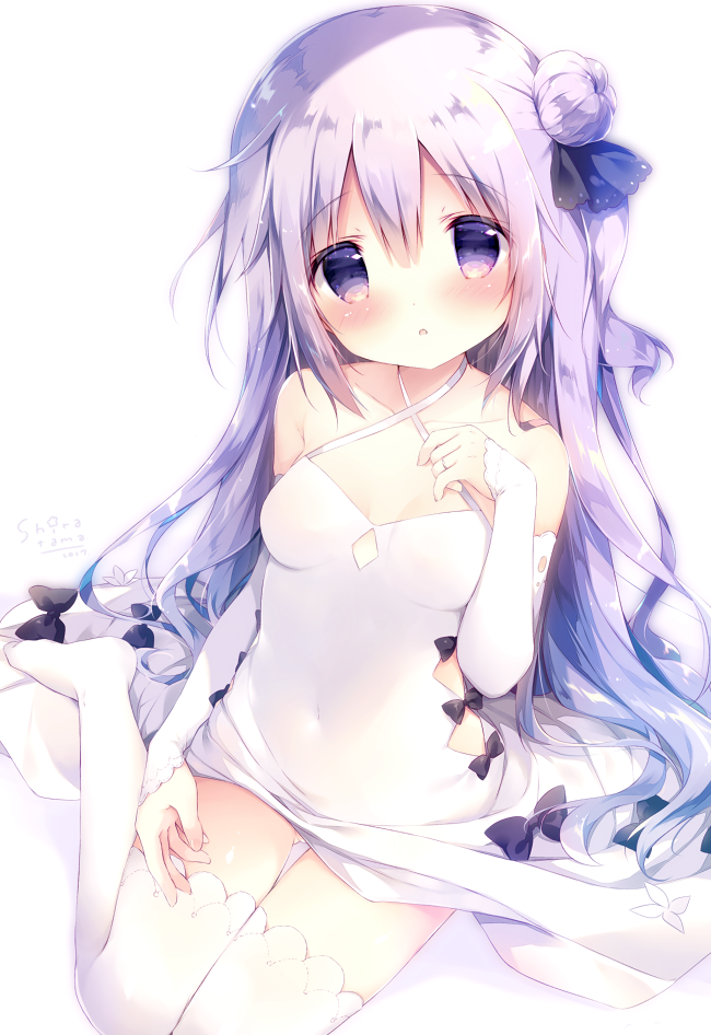 1girl 2017 :o artist_name azur_lane bangs bare_shoulders black_bow black_ribbon blush bow breasts collarbone commentary_request detached_sleeves dress eyebrows_visible_through_hair fingernails hair_between_eyes hair_bun hair_ribbon halterneck hand_up head_tilt jewelry long_hair long_sleeves looking_at_viewer medium_breasts no_shoes one_side_up parted_lips purple_hair ribbon ring shiratama_(shiratamaco) side_bun signature simple_background sitting sleeves_past_wrists solo thigh-highs unicorn_(azur_lane) very_long_hair violet_eyes wariza wedding_band white_background white_dress white_legwear
