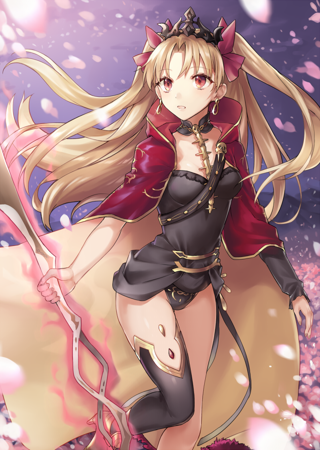 1girl :o aura bangs black_legwear black_leotard blonde_hair blush boots breasts cape detached_collar earrings ereshkigal_(fate/grand_order) eyebrows_visible_through_hair fate/grand_order fate_(series) glint hair_ribbon high_heel_boots high_heels holding holding_weapon hsiao jewelry leg_up leotard long_hair long_sleeves looking_at_viewer looking_to_the_side motion_blur night night_sky open_mouth outdoors parted_bangs petals red_cape red_eyes red_ribbon ribbon single_detached_sleeve single_thighhigh skull sky small_breasts solo standing standing_on_one_leg tareme thigh-highs thighs tiara tohsaka_rin two_side_up very_long_hair weapon