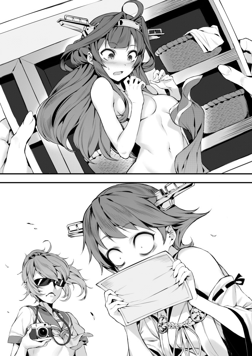 2koma 3girls ahoge aoba_(kantai_collection) bacius bangs bare_shoulders basket blush breasts camera changing_room closed_mouth collarbone comic constricted_pupils convenient_arm covering detached_sleeves double_bun eyebrows_visible_through_hair fingernails flipped_hair greyscale hair_between_eyes hair_ornament hair_scrunchie hairband headgear hiei_(kantai_collection) highres holding_photo japanese_clothes kantai_collection kongou_(kantai_collection) long_hair medium_hair messy_hair monochrome multiple_girls navel neckerchief nontraditional_miko nude_cover photo_(object) ponytail remodel_(kantai_collection) ribbon-trimmed_sleeves ribbon_trim sailor_collar school_uniform scrunchie serafuku short_hair short_sleeves sunglasses sweatdrop swept_bangs towel