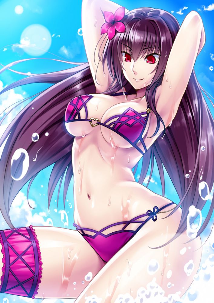 1girl absurdres arched_back arms_behind_head bikini breasts cleavage day fate/grand_order fate_(series) flower hair_flower hair_ornament hibiscus highres imada_kozue large_breasts lens_flare long_hair looking_down navel purple_hair red_eyes scathach_(fate/grand_order) scathach_(swimsuit_assassin)_(fate) sky smile solo swimsuit thigh_strap under_boob very_long_hair water wet