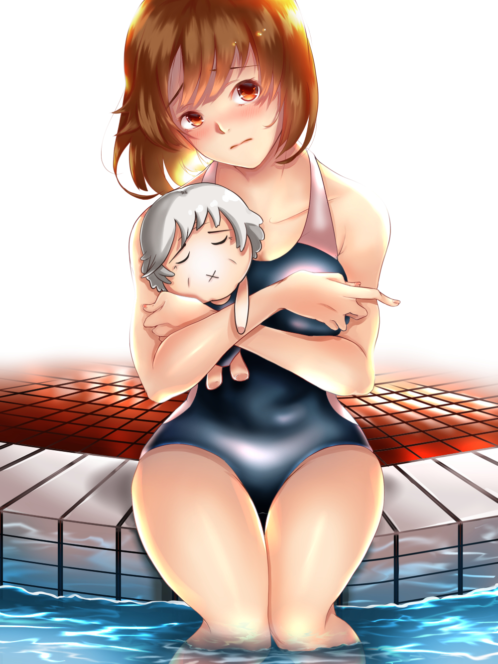 1girl ame_(memory_a) bare_arms bare_shoulders blush breasts brown_eyes brown_hair collarbone commentary_request competition_swimsuit eyebrows_visible_through_hair head_tilt highres hug looking_at_viewer medium_breasts one-piece_swimsuit original pool poolside school_swimsuit short_hair sitting soaking_feet stuffed_toy swimsuit water wet