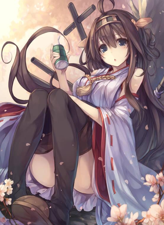 1girl ahoge bare_shoulders blue_eyes blush boots breasts brown_hair canister detached_sleeves double_bun fal_maro flower hairband headgear japanese_clothes kantai_collection kongou_(kantai_collection) large_breasts long_hair looking_at_viewer nontraditional_miko parted_lips petals ribbon-trimmed_sleeves ribbon_trim sitting skirt solo thigh-highs thigh_boots tree