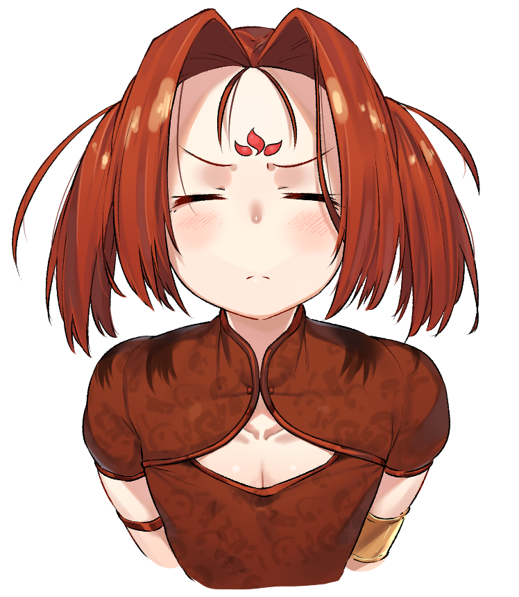 1girl armlet blush brown_hair china_dress chinese_clothes cleavage_cutout closed_eyes dress facial_mark fate/grand_order fate_(series) forehead_mark kei_(soundcross) nezha_(fate) twintails