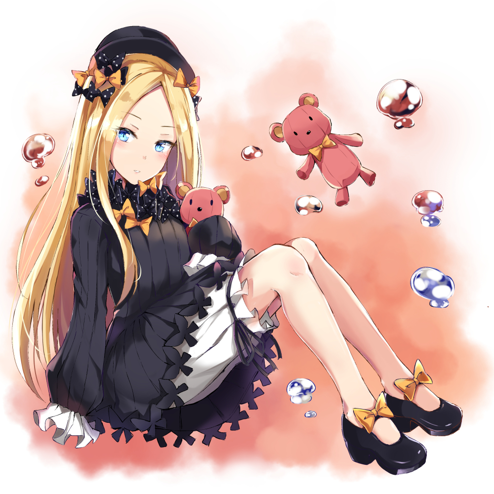 1girl abigail_williams_(fate/grand_order) bangs black_bow black_dress black_footwear black_hat blonde_hair bloomers blue_eyes blush bow butterfly commentary_request dress fate/grand_order fate_(series) full_body hands_in_sleeves hat holding holding_stuffed_animal konka long_sleeves looking_at_viewer orange_bow parted_bangs parted_lips polka_dot polka_dot_bow shoes sitting solo stuffed_animal stuffed_toy teddy_bear underwear water_drop white_bloomers