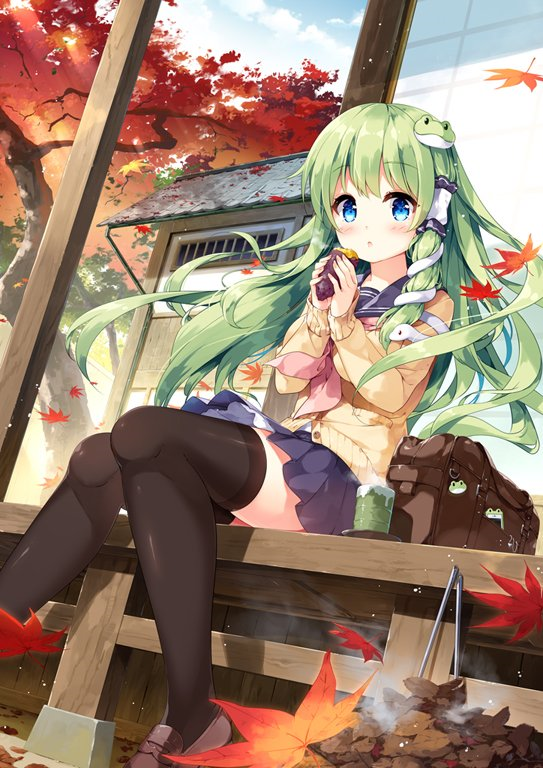 1girl autumn_leaves bag black_legwear blue_eyes blush cardigan cup eating falling_leaves frog green_hair hair_accessories kochiya_sanae leaves miyase_mahiro neckerchief school_uniform shoes sitting skirt smoke snake thigh-highs tongs touhou tree window zipper