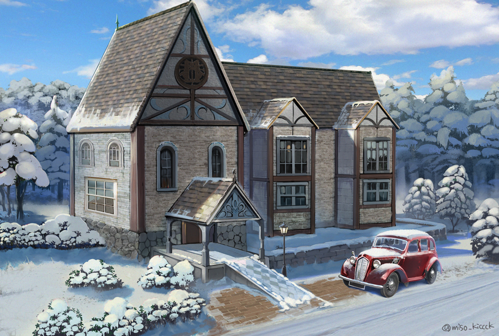 blue_sky bush car clouds day forest ground_vehicle house lamppost miso_katsu motor_vehicle nature no_humans original outdoors scenery sky snow twitter_username winter