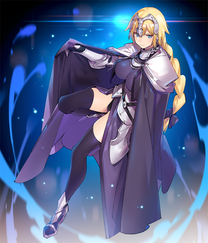 1girl armor armored_dress black_bow blonde_hair blue_background blue_cape blue_eyes blush boots bow braid breasts cape chains dress fate/apocrypha fate_(series) faulds frown full_body gauntlets gorget hair_ribbon headpiece jeanne_d'arc_(fate) jeanne_d'arc_(fate)_(all) large_breasts long_hair looking_at_viewer pop_kyun purple_dress purple_legwear ribbon single_braid solo thigh-highs tress_ribbon underbust v-shaped_eyebrows very_long_hair