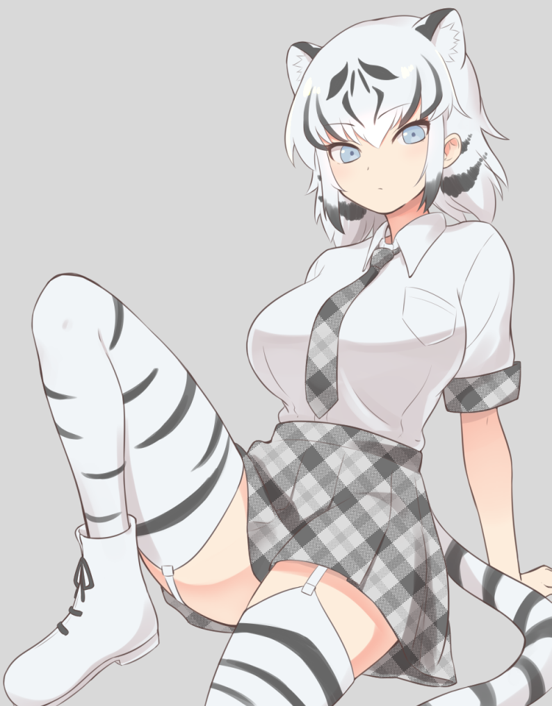 1girl animal_ears animal_print black_hair blue_eyes breasts gloves grey_background kemono_friends large_breasts looking_at_viewer multicolored_hair necktie plaid plaid_neckwear plaid_skirt shirt short_hair simple_background sitting skirt solo striped_tail tail thigh-highs tiger_ears tiger_tail white_hair white_tiger_(kemono_friends) white_tiger_print yuukagen_(poipoipopoino)