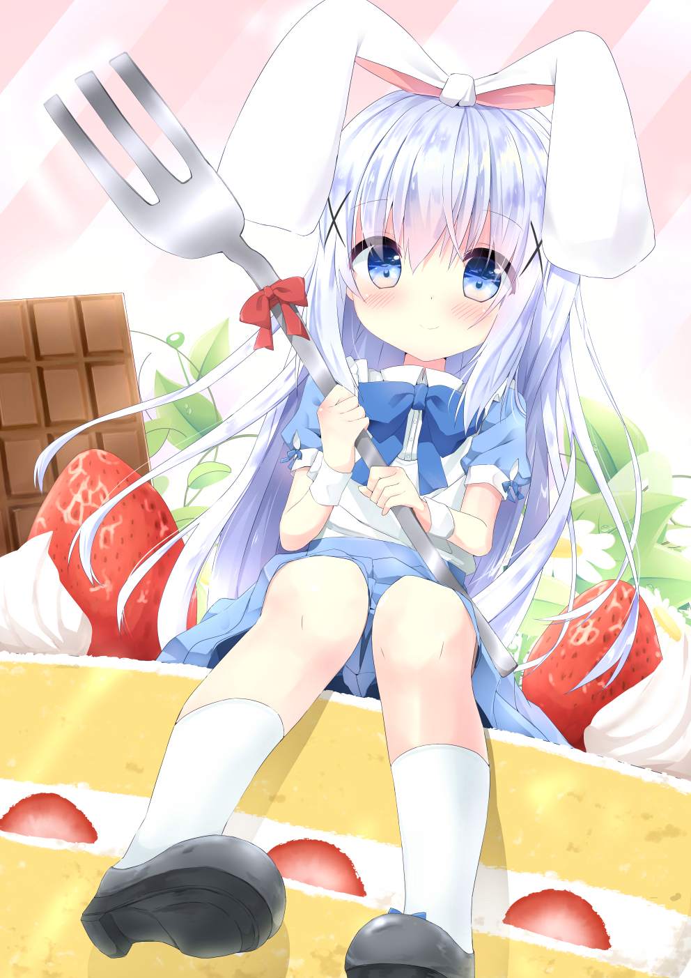 1girl animal_ears bangs black_footwear blue_eyes blue_hair blue_shirt blue_skirt blush chocolate closed_mouth commentary_request cream eyebrows_visible_through_hair food fork fruit gochuumon_wa_usagi_desu_ka? hair_between_eyes hair_ornament highres holding holding_fork kafuu_chino kouda_suzu leaning_to_the_side looking_at_viewer minigirl oversized_object puffy_short_sleeves puffy_sleeves rabbit_ears shirt shoes short_sleeves skirt smile socks solo strawberry strawberry_shortcake white_flower white_legwear wrist_cuffs x_hair_ornament