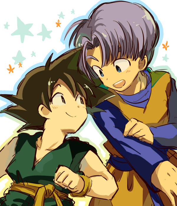 2boys :d black_eyes black_hair blue_background blue_eyes clenched_hand cosplay costume_switch dougi dragon_ball dragonball_z happy long_sleeves looking_at_another male_focus multiple_boys neko_ni_chikyuu open_mouth purple_hair short_hair simple_background smile son_goten son_goten_(cosplay) spiky_hair star starry_background trunks_(dragon_ball) trunks_(dragon_ball)_(cosplay) white_background wristband