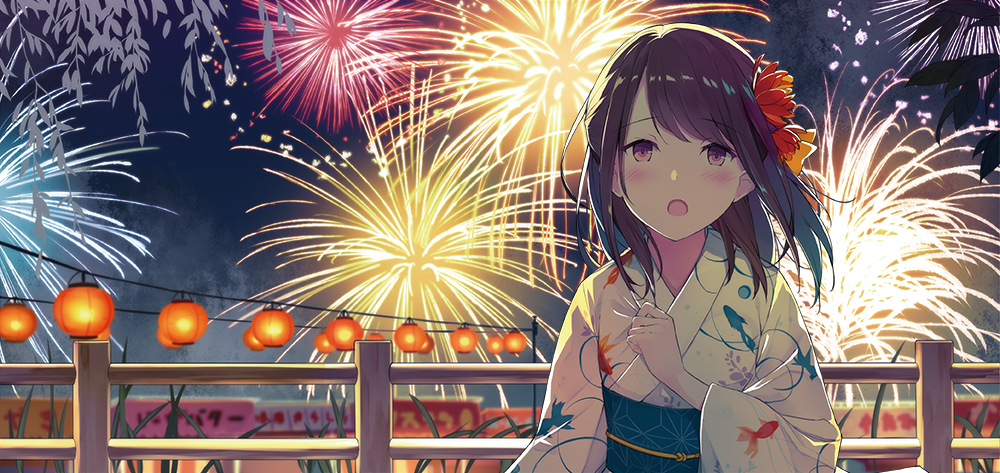 1girl :o animal_print bangs blush commentary_request eyebrows_visible_through_hair festival fireworks fish_print flower hair_flower hair_ornament hand_up japanese_clothes kimono lantern long_hair long_sleeves looking_at_viewer night night_sky official_art open_mouth original outdoors purple_hair railing sash short_hair sky solo sutorora swept_bangs tareme upper_body violet_eyes white_kimono wide_sleeves