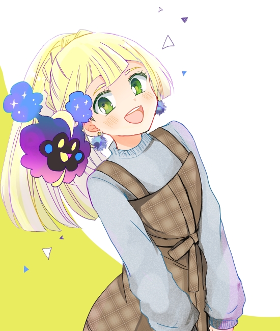 :d alternate_costume atsumi_yoshioka bangs blonde_hair blue_sweater blunt_bangs blush brown_dress casual colored_eyelashes cosmog dress earrings green_eyes jewelry legendary_pokemon lillie_(pokemon) long_hair long_sleeves looking_at_viewer open_mouth pinafore_dress pokemon pokemon_(game) pokemon_sm ponytail smile sweater tareme triangle two-tone_background upper_body yellow_eyes